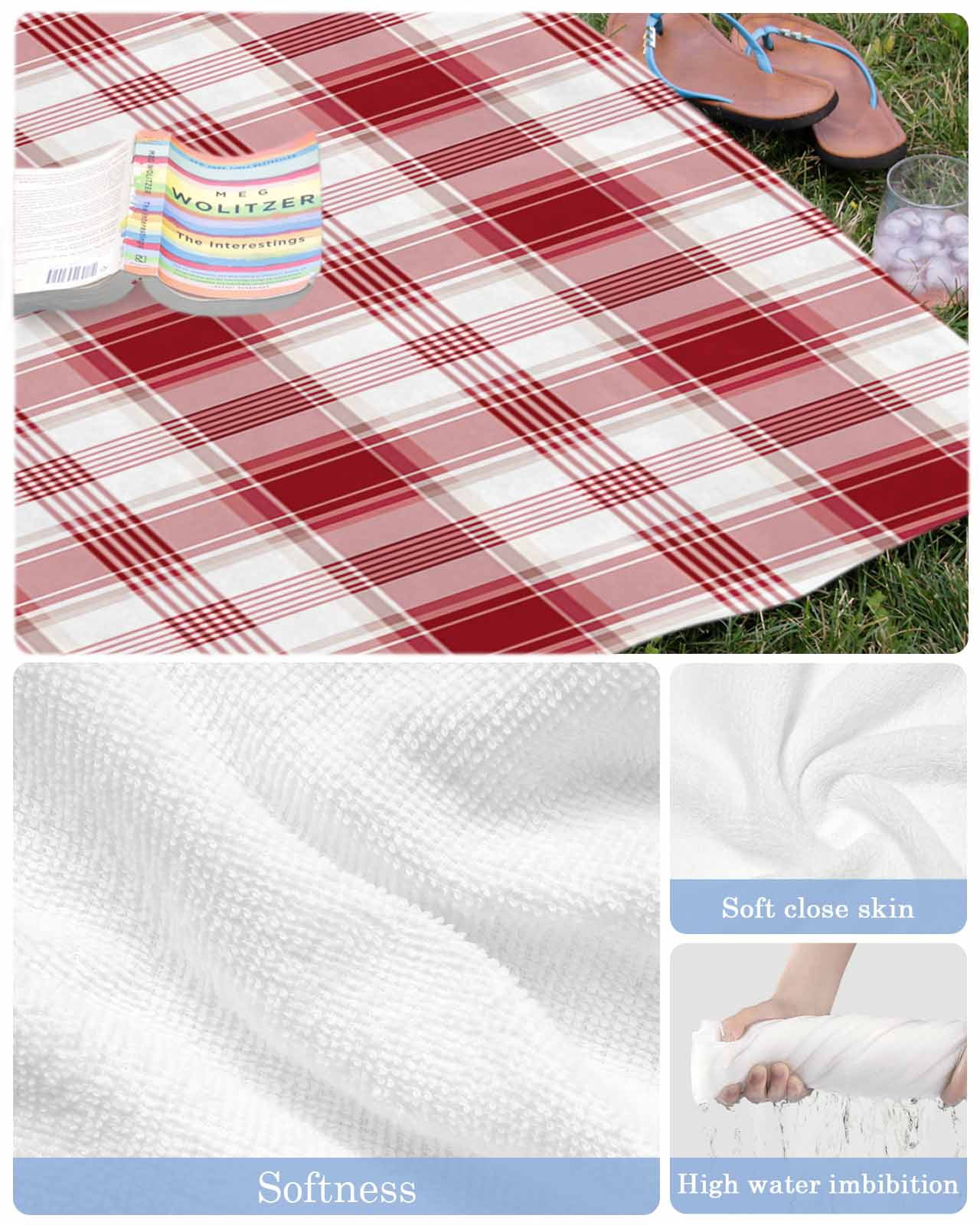 Red Checkered Beach Towels Oversized Super Absorbent, Red White Plaid Farmhouse Lightweight Bath Towel Quick Dry Sets For Bathroom/Pool/Rv Camping/Beach Play/Gym Room/Picnic 23"x47"