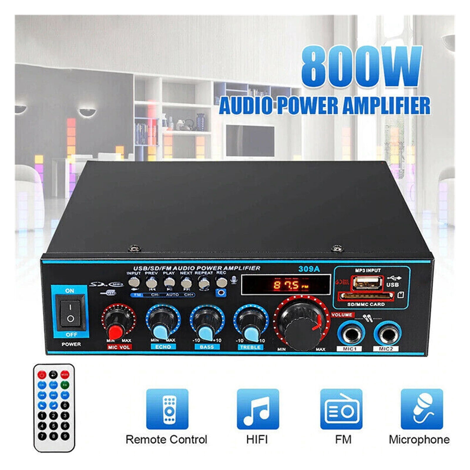 12V 800W 5.0 Amplifier Speakers 2 Channel Car Power AMP Bass HIFI Music Player MP3 AUX FM Stereo Radio SD