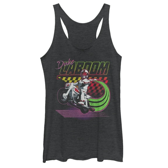 Women's Toy Story Duke Caboom Neon Race Racerback Tank Top Black Heather Small