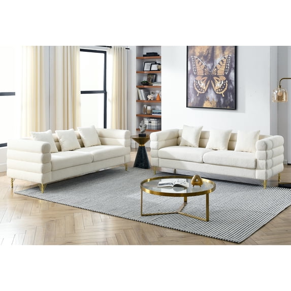 Holaki 81" 2PCS Oversized Teddy Fabric Sectional Sofa Set, Living Room Deep Seating Sofa with 6 Pillows and Gold Mental Feet for Living Room, White