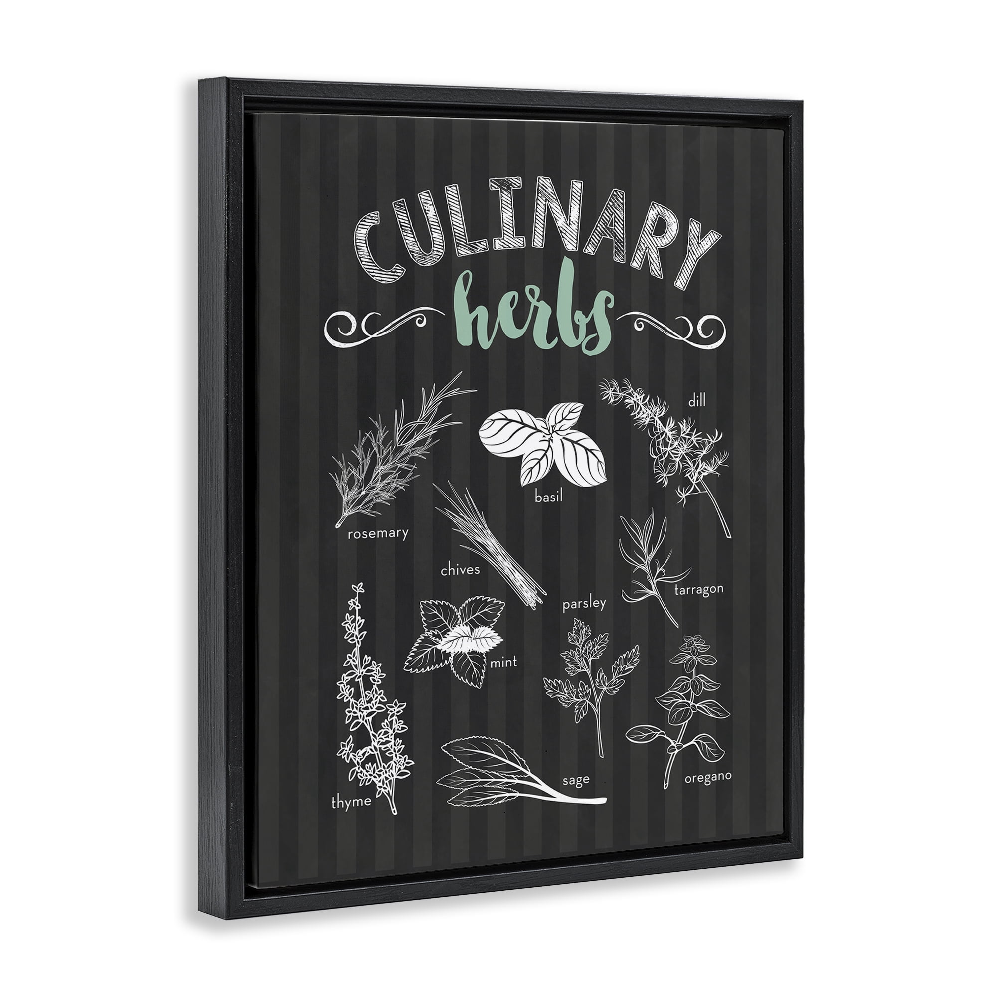 Culinary Herbs on Stripes Black Framed Floater Canvas Wall Art, design by Lettered and Lined