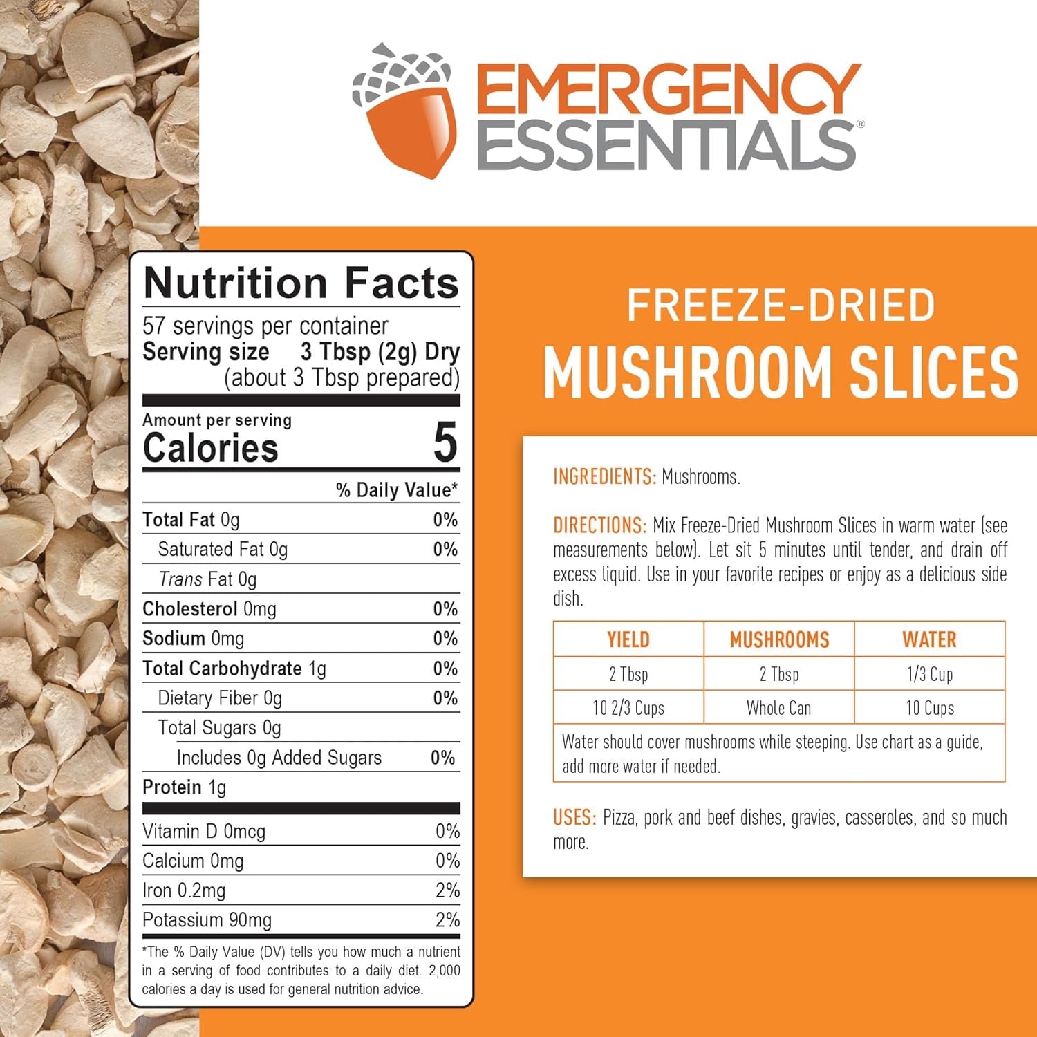 Emergency Essentials Freeze-Dried Mushroom Slices | Real Mushrooms for Everyday Cooking & Long-Term Food Storage | #10 Can | 57 Servings | Great In Soups, Pasta & More