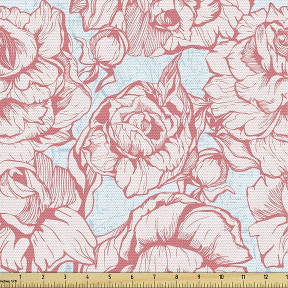 Ambesonne Floral Fabric by the Yard Upholstery, Pony Flowers Garden Theme, 3 Yards, Soft Pink and Pale Blue