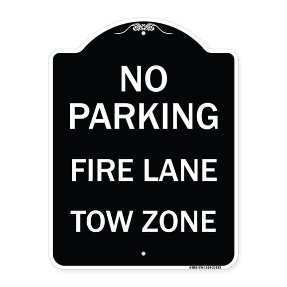 SignMission Designer Series Sign - No Parking Fire Lane Tow Zone (K-1645) | Black & White 18" x 24" Heavy-Gauge Aluminum Architectural Sign | Protect Your Business & Municipality | Made