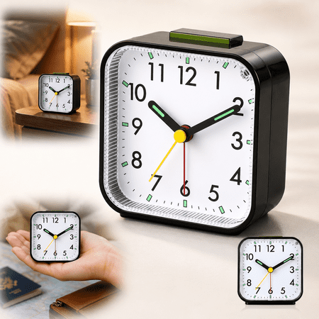Small Battery Operated Analog Travel Alarm Clock Silent Non Ticking, Gentle Wake, Ascending Beep Sounds, Snooze,Lighted on Demand, Easy Set(Black)