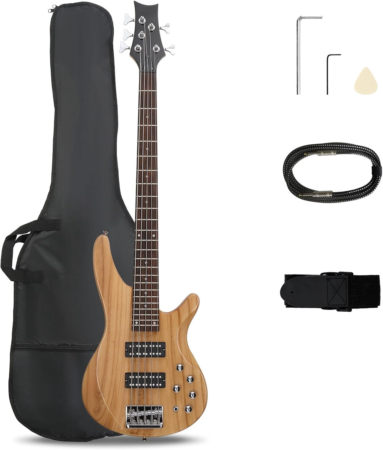 HarmonyStrings 5 String Electric Bass Guitar, Full Size Standard Right Handed Rosewood Fretboard Bass Kit with Gig Bag Strap Cable Wrench Tool Sunset Classic