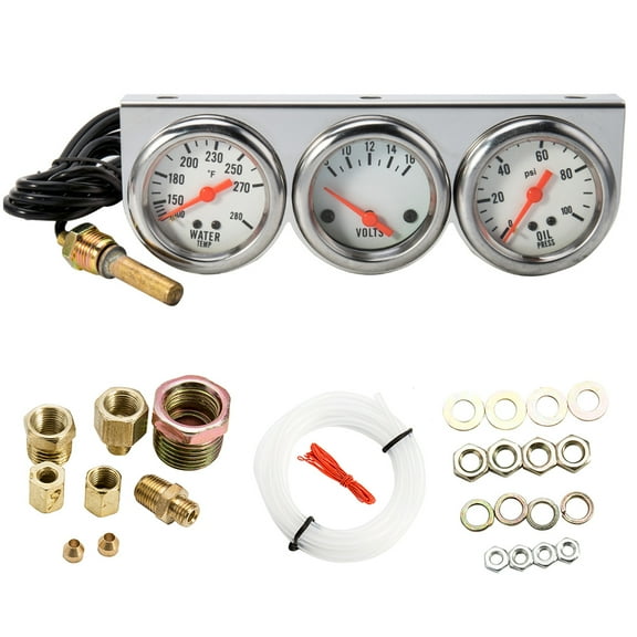 Ghopy Triple Gauge Kit Oil/Volt/Water Gauge 2" Chrome Oil Temp Water Temp Gauge Temperature Oil Pressure Voltage Gauge Sensor 3 in 1 Car Meter Auto Gauge