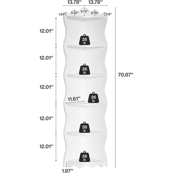 White Corner Shelf, 70.8-Inch Tall Modern Standing Corner Bookshelf, 5-Tier Display Corner Bookcase and Bookshelves, Open Storage Book Shelves for Living Room, Home Office