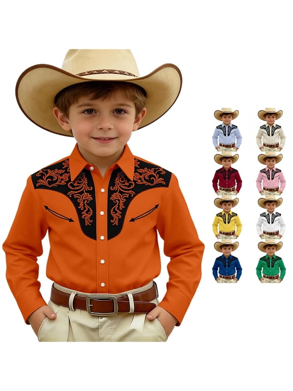 Boys Western Cowboy Shirts Denim Button Long Sleeve Casual Tops Boys Tshirts Orange 6-7 Years