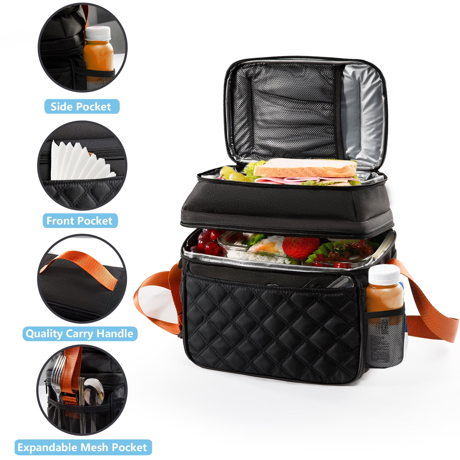 Insulated Lunch Bags with Ice Pack, Double Layer Lunch Bag for Work and School Black