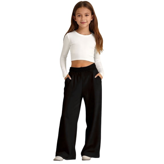 Back to School Outfits Girls Oversized Wide Leg Sweatpants Fleece Athletic Joggers Drawstring Waist and Pockets Kids Baggy Straight Leg Track Pants