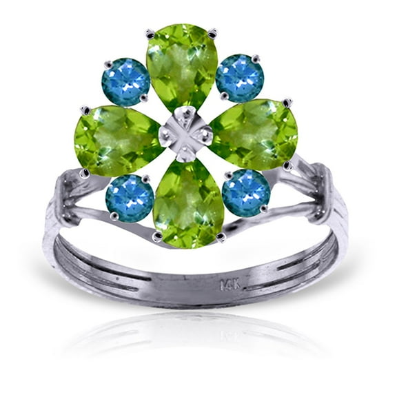 Galaxy Gold 14K White Gold 2.43 CT Natural Peridot and Natural Blue Topaz Flower Ring - August Birthstone - Abundance & Joy - Sizes 5.5 to 11 - Fine Jewelry for Women