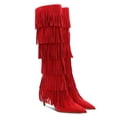 thumbnail image 5 of YDN Women Layer Tassel Pointed Toe Moccasin Boots Knee High Stiletto Mid Heels Western Themed Party Dress Shoes Size 9.5 Red, 5 of 5