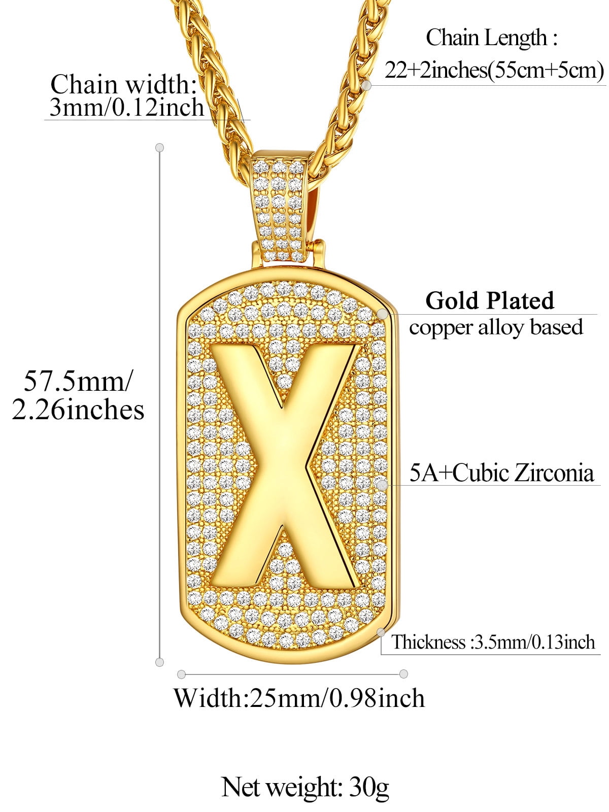 FindChic 14K Gold Plated Necklaces for Men Women Cubic Zirconia Dog Tag Letter X Pendant Birthday Christmas Jewelry Gifts for BF Husband