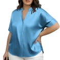 thumbnail image 3 of Rvasteizo Womens Summer Short Sleeve V Neck Blouses Shirts Solid Color Plus Size Satin Fabric Casual Loose Top, 3 of 5