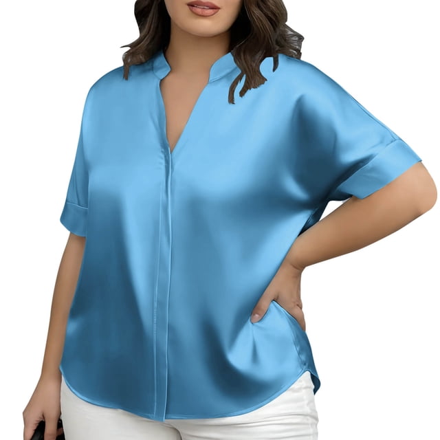 Womens Plus Size Short Sleeve Tops Solid Color Round Neck Casual T-Shirt Soft Breathable, Womens Plus Size Summer Tops