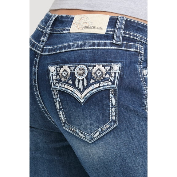 Grace in LA Women's Aztec Faux Flap Pocket Embellished Bootcut Stretch Jeans (25, Blue Stonewashed)