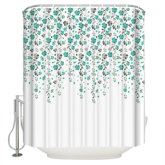 Flower Teal Shower Curtain, 60" x 72", Grey Cherry Blossoms White Background Waterproof Bathroom Curtain Washable Shower Curtain Set with 12 Hooks