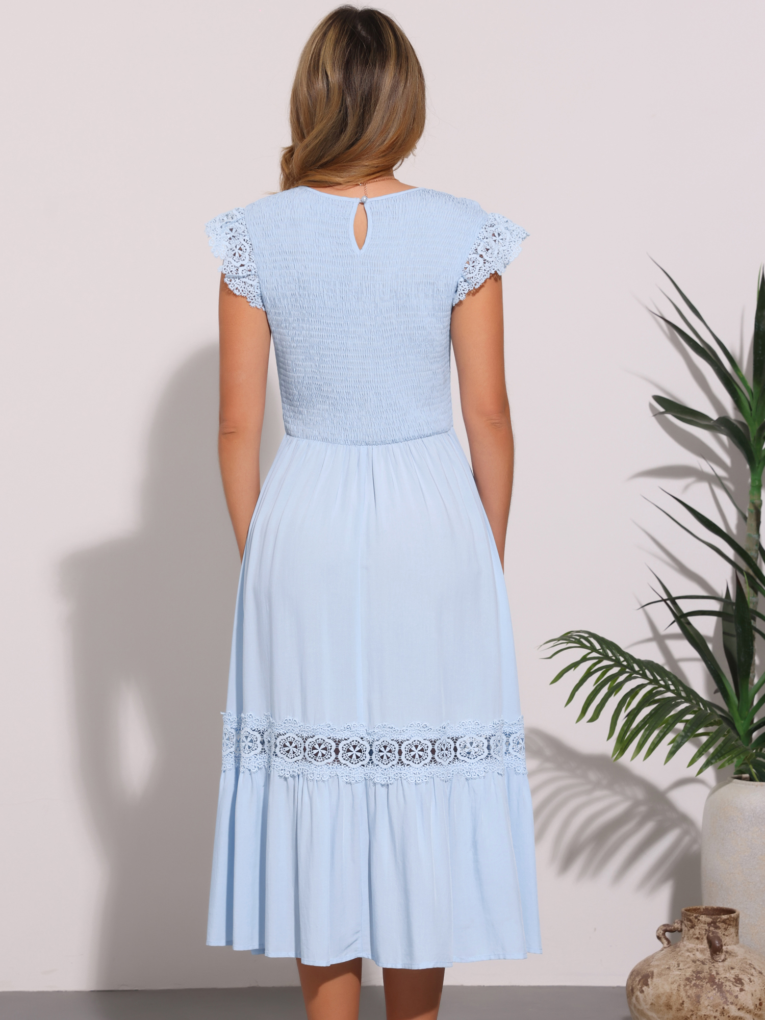 DARING DIVA Boho Midi Flutter Sleeve Lace Trim Ruffle Beach Dress S Blue