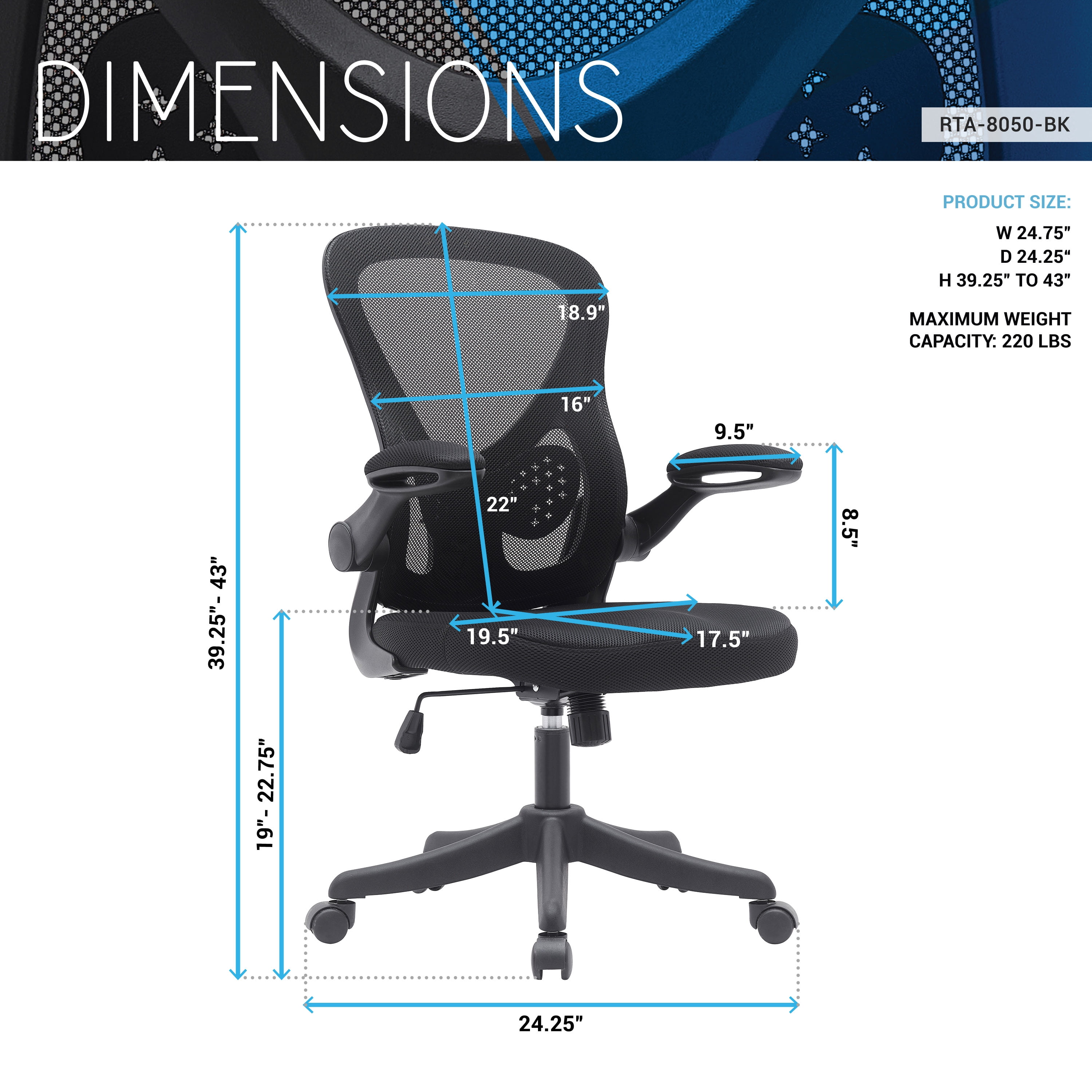 Techni Mobili Black Mesh Office Chair with Lumbar Support and Flip-Up Armrests, RTA-8050-BK