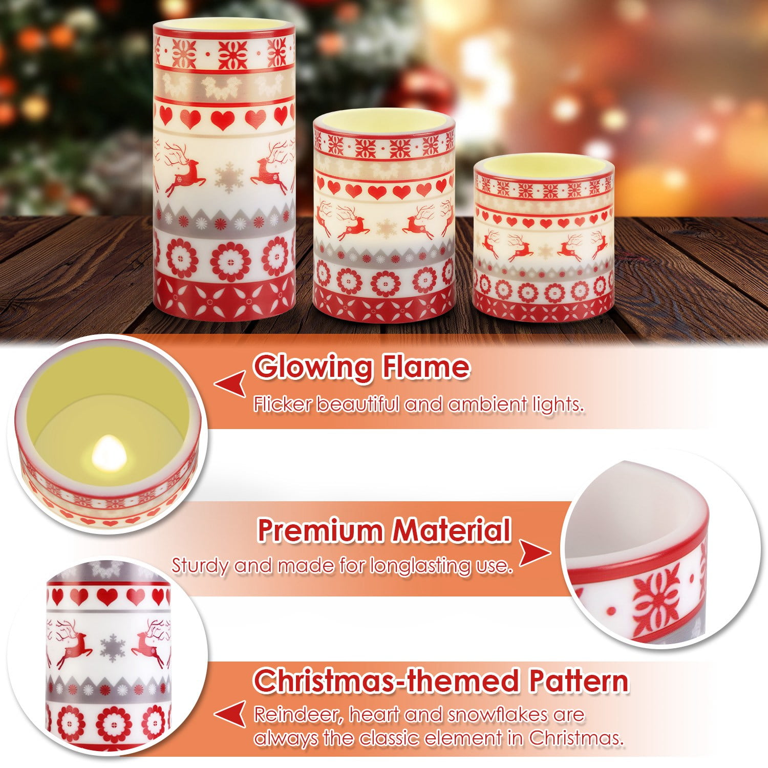 3Pcs Christmas Flameless LED Deer Candle, Flickering Candle Lights Pillar Candle w/ 3 Lighting Modes