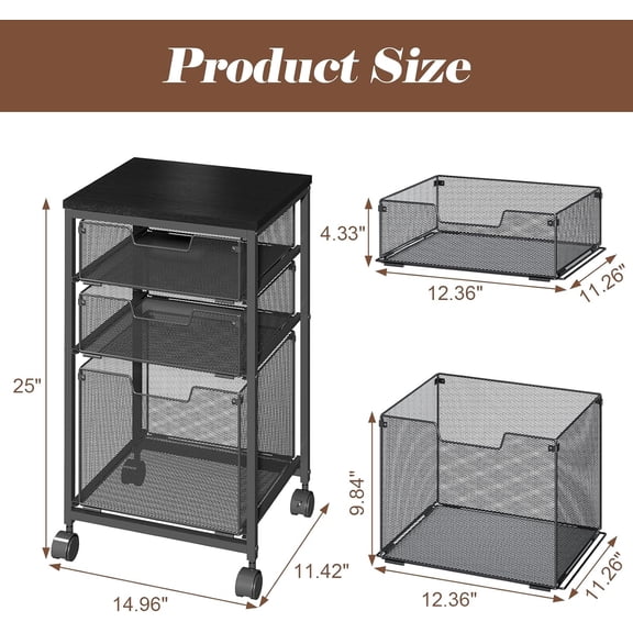 Rolling File Cart with 3 Drawers, Mobile Filing Cabinet for Home Office, Under Desk Storage Organizer with Wheels, Hanging Folder Holder Utility Cart Printer Stand, Black