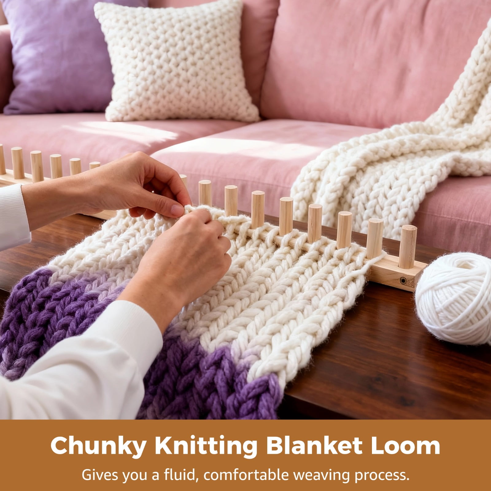 35.4" Chunky Knitting Blanket Loom, Wooden DIY Weaving Loom Kit, Adjustable Modular Blanket Frame with Assembly Hardware, 3-in-1 Knitting Loom for Thick Yarn
