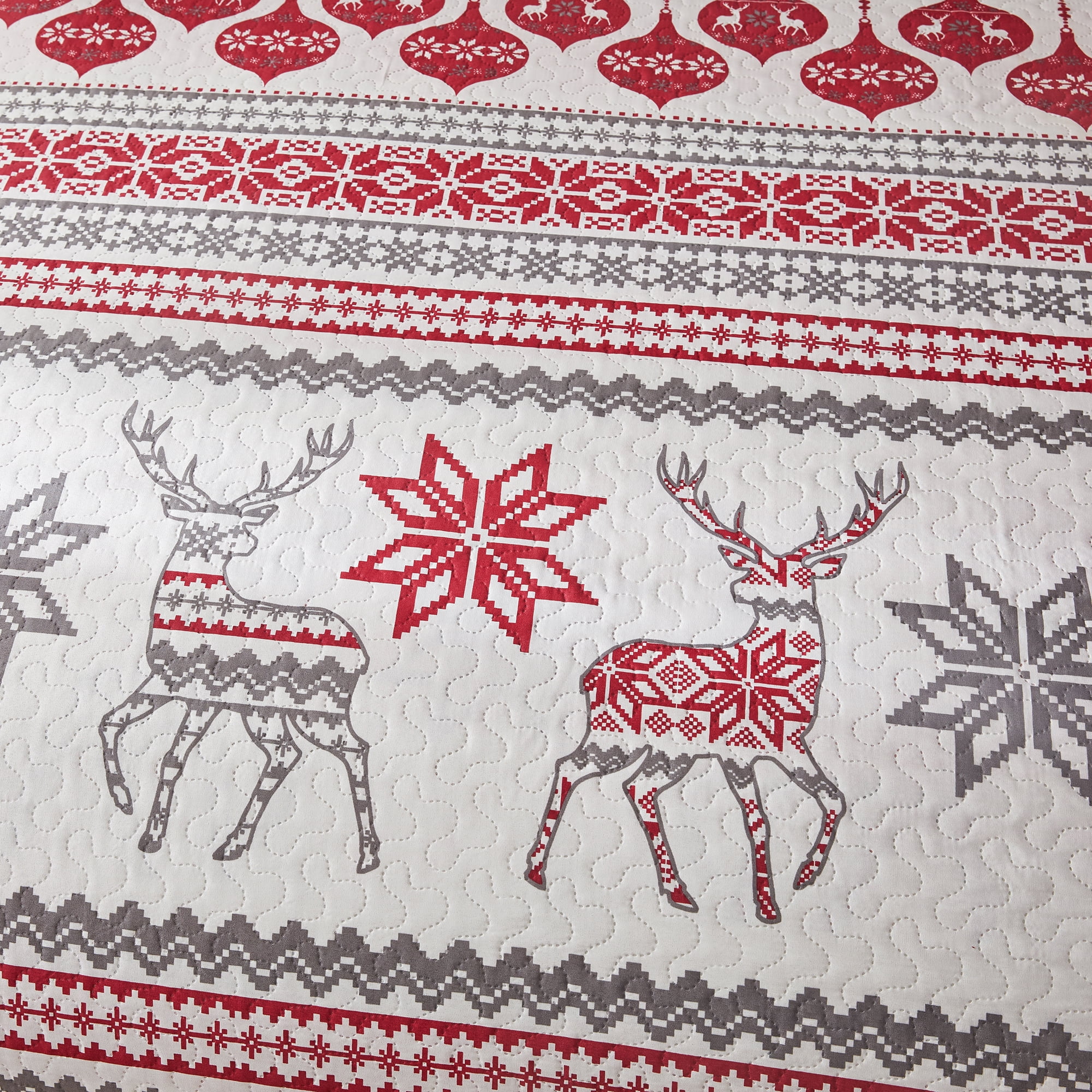 Smuge Christmas Red Gray Snowflake Bedding Sets Twin Size Reindeer Quilt Sets Lantarn Bedspread Coverlet Set with 2 Pillow Shams