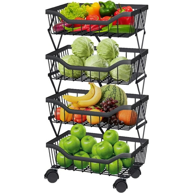 Fruit Basket for Kitchen Stackable Fruit Vegetable Storage Baskets with Wheels Metal Wire Storage Basket Organizer Cart for Kitchen Livingroom Diningroom Office