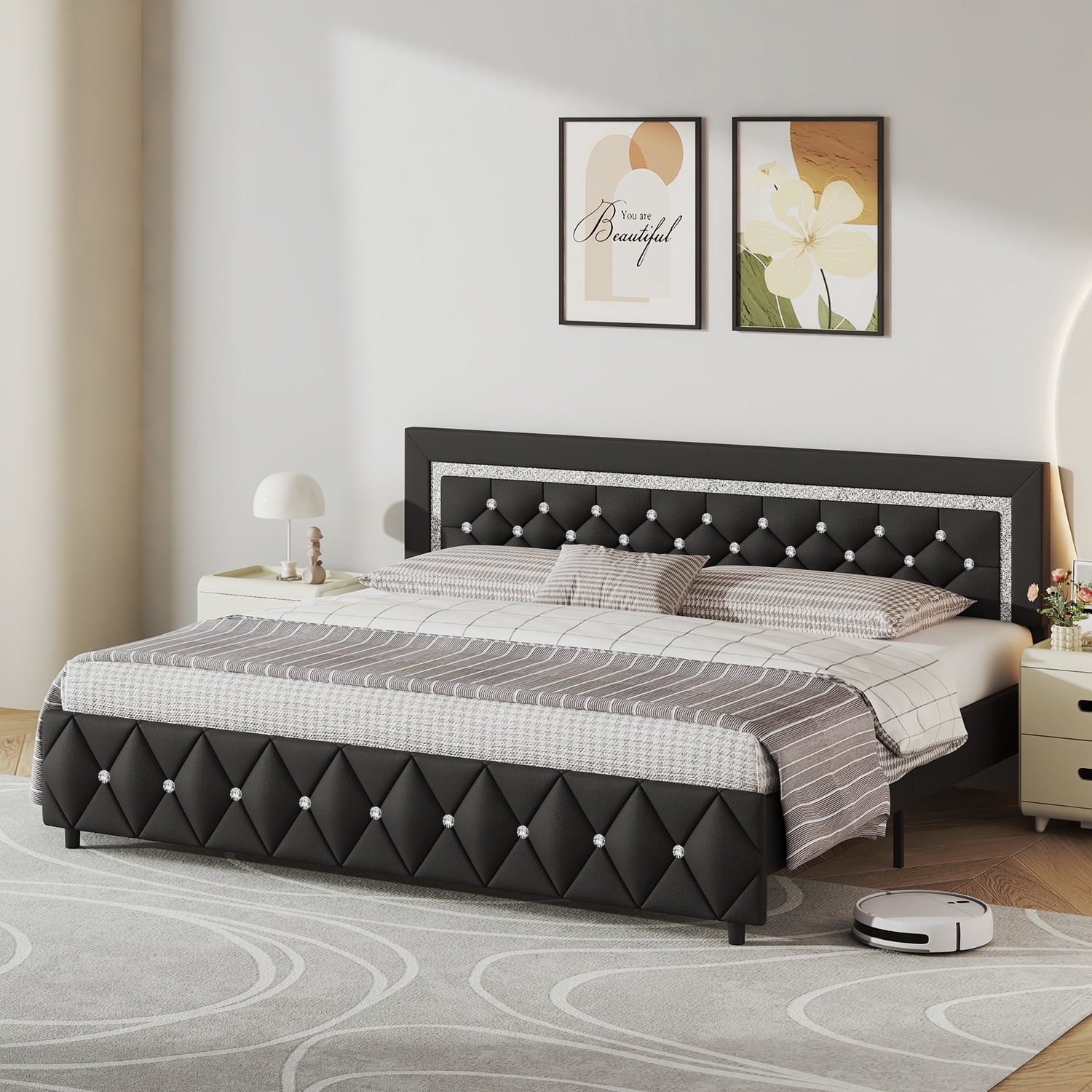4 EVER WINNER King Bed Frame, Upholstered Platform Bed Frame with Headboard and Footboard, Diamond Headboard and Footboard Design, Black