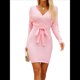 thumbnail image 1 of Vestido Ajustado de Larga para Mujer, Cuello en V, Punto , Aberturas Laterales y Cinturón. Rosa S, 1 of 10