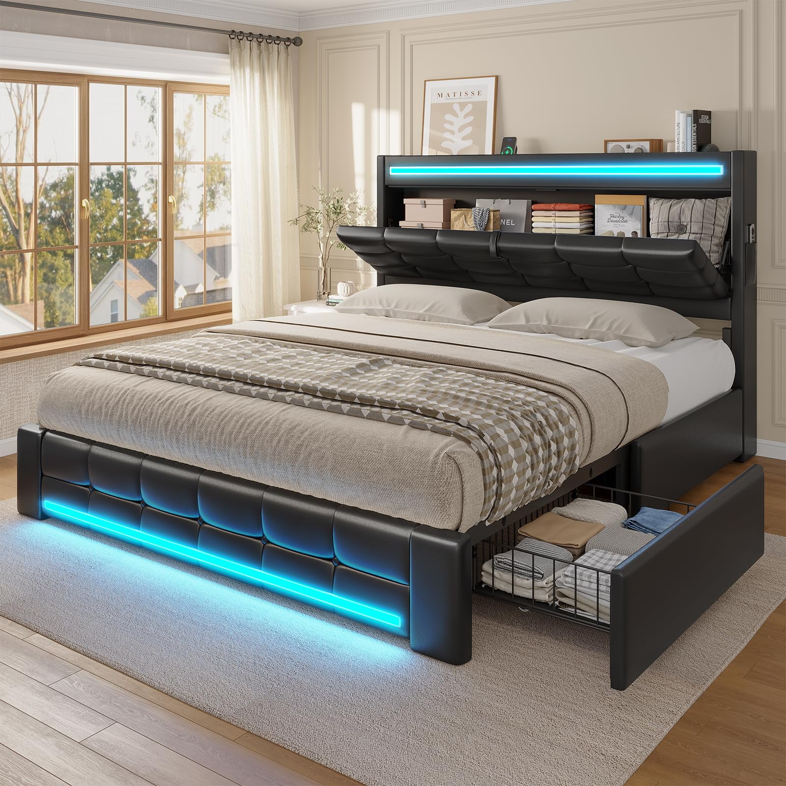 Full Size Upholstered Bed Frames with Headboard & Drawers, Platform Bed Frame with LED Light and Charging Station, Storage,No Box Spring Needed, Easy Assembly, Black PU