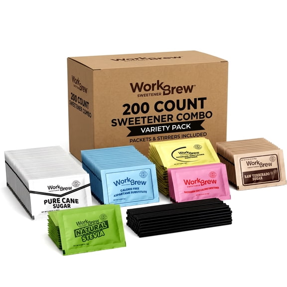 WorkBrew Sweetener Variety Pack, 200 Count Assorted Sugar Packets with 50 Stirrers – Pure Cane, Raw Turbinado, Stevia, Sucralose, Aspartame & Saccharin – Kosher, Made in USA