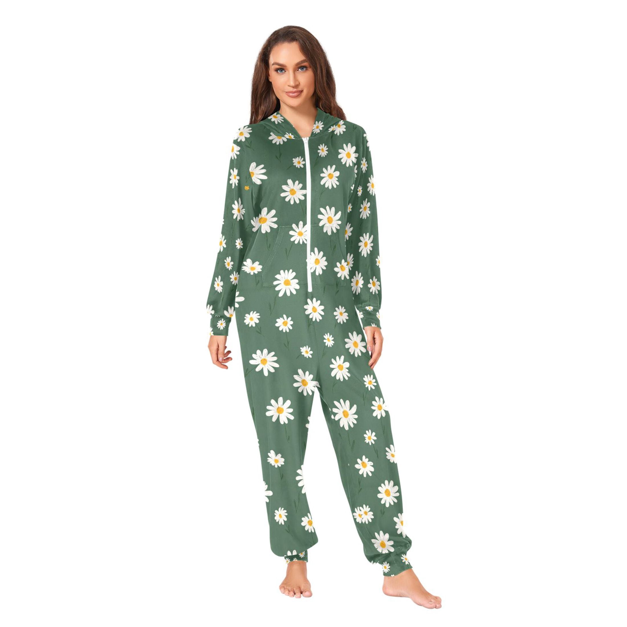 Adult Christmas Onesie Simple Daisy Adult Zipper One-Piece Pajamas Unisex Pajamas with Pockets