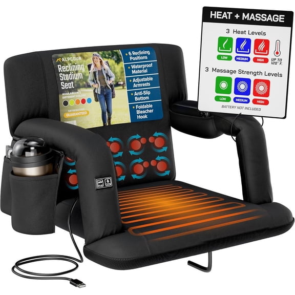 Heated Massage Reclining Stadium Seat for Bleachers with Back Support 6 Reclining Positions Waterproof 600D Polyester Portable Outdoor Chair with Pockets for Sports Camping