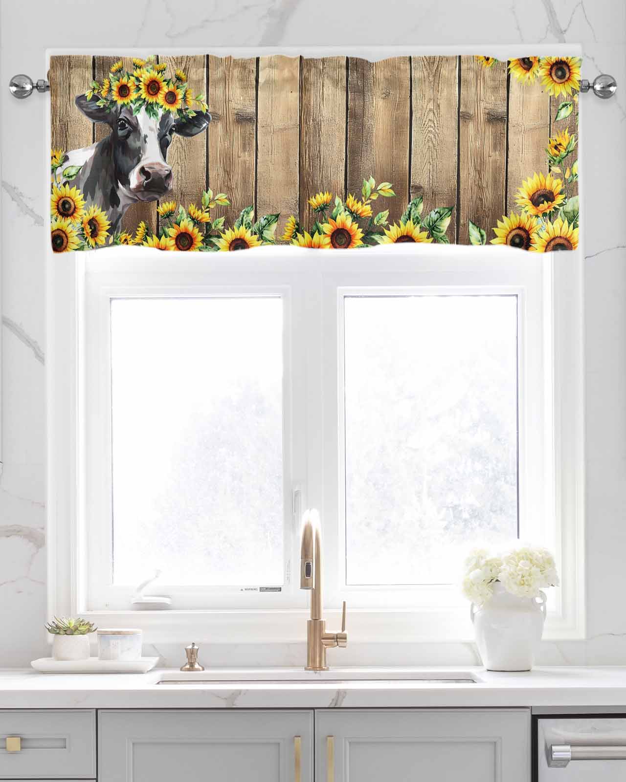 Sunflowers Rustic Kitchen Valances for Windows Farmhouse Linen Window Valance Curtain for Living Room Window Treatment Country Cow Farmhouse Wooden Grain Valance Rod Pocket Topper Drape, 42 x 12 Inch
