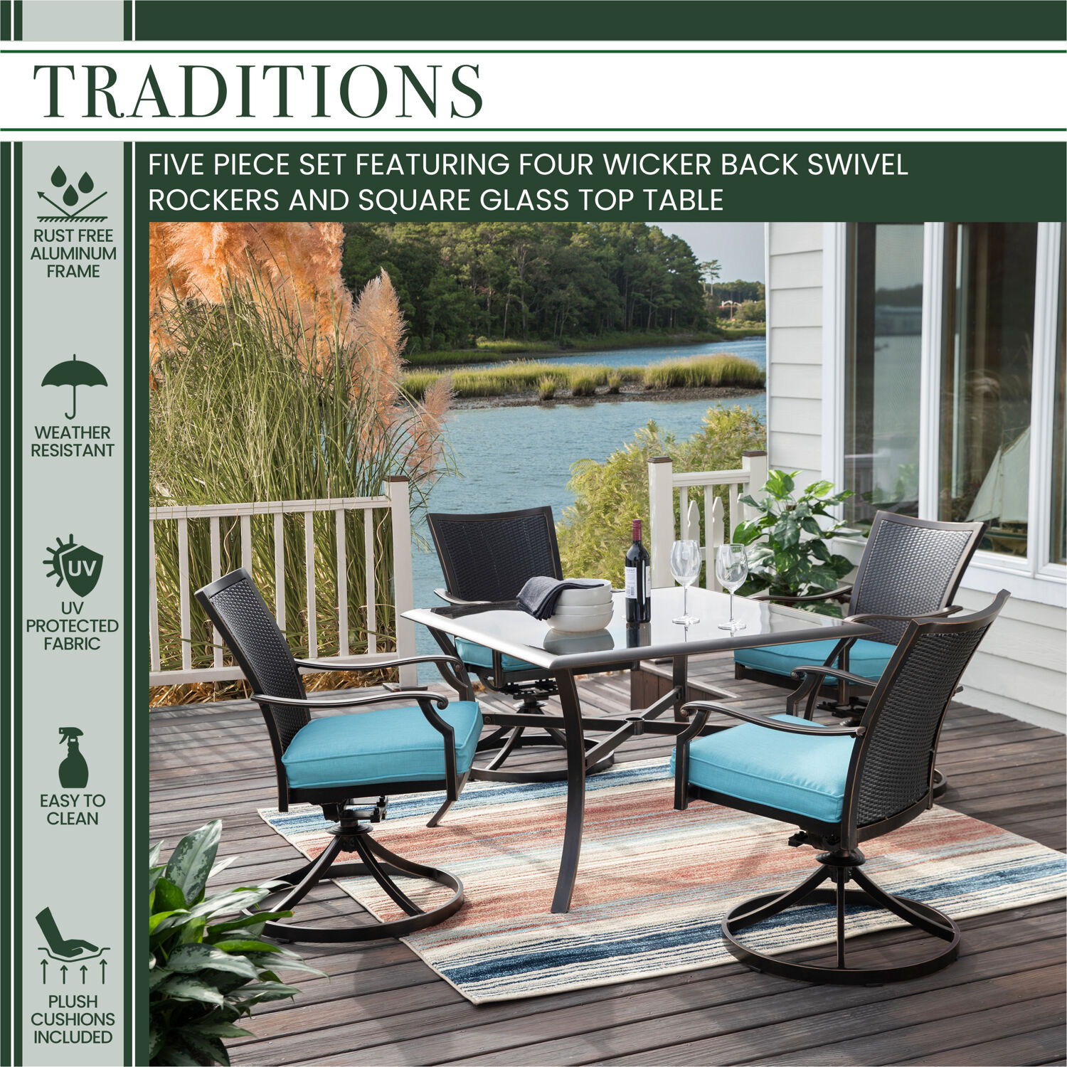Hanover Traditions 5-Piece Outdoor Dining Set in Blue, 4 Wicker Back Swivel Rockers & 42 in Table - image 3 of 9