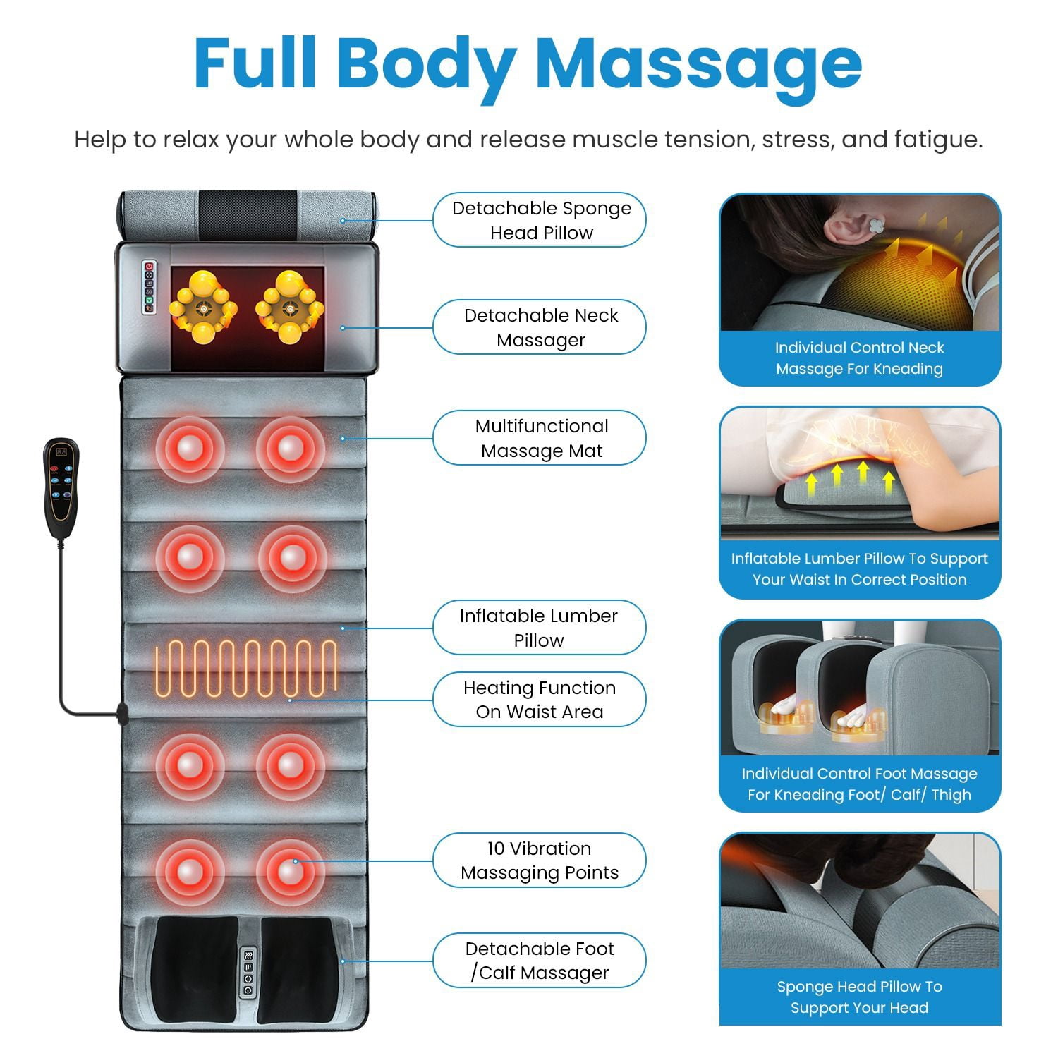 Full Body Electric Massage Mat Heating Vibration Massage Pad Cushion Back Massage Mattress Chair Pad with Neck Foot Massage Head Pillow and Cloth Lumbar Pillow Timer Anti-Slip Bottom Earplugs
