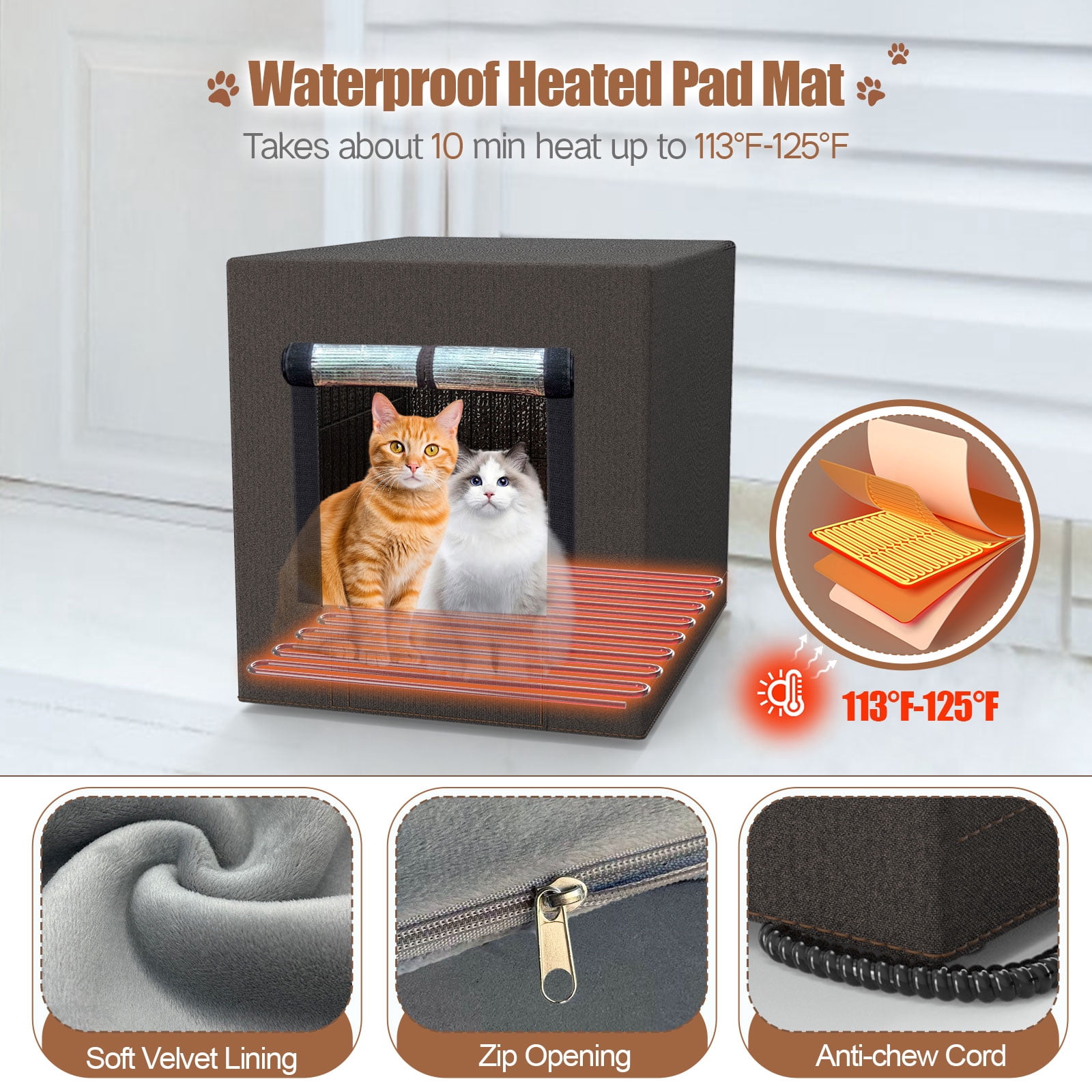 Xecessory Large Heated Cat House for Outdoor Cats in Winter, Waterproof Insulated Outdoor Cat House, Feral Cat Shelter with Heating Pad for Small Animals (Brown)