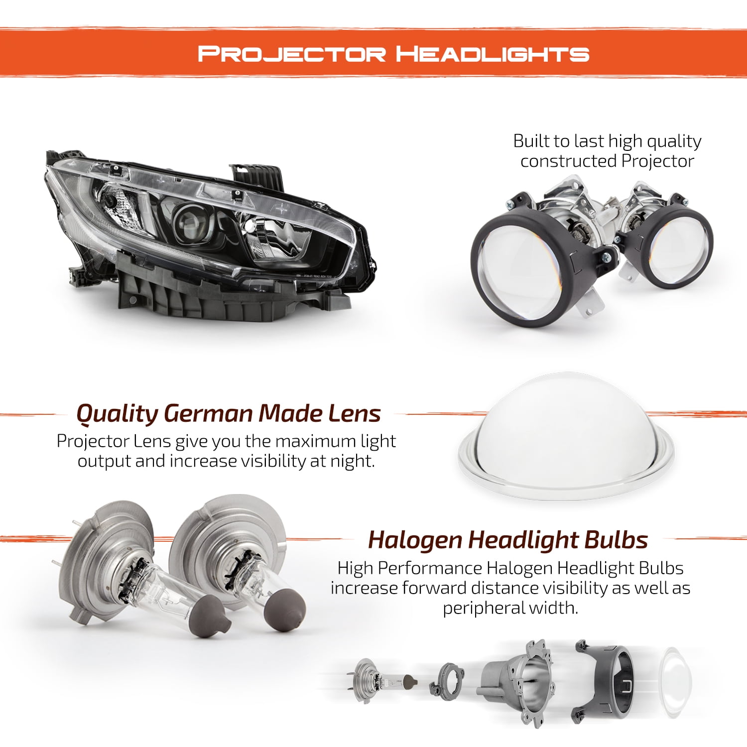 AKKON - Fits 2016-2021 Honda Civic [Halogen Type] Projector Black Headlights Pair Headlamp Left Driver + Right Passenger