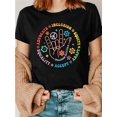 thumbnail image 1 of Women's Peace Sign Graphic T-Shirt with Inclusion Equality Acceptance Symbols - Black Short Sleeve Crew Neck Casual Top, Medium Stretch Spring Summer Tee, Casual Attire, Comfortable Fit, 1 of 6