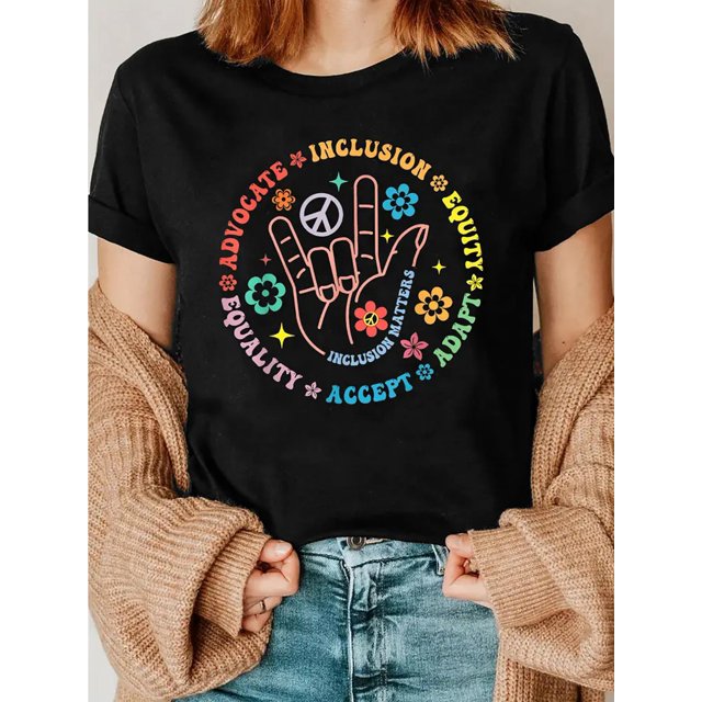 Women's Peace Sign Graphic T-Shirt with Inclusion Equality Acceptance Symbols - Black Short Sleeve Crew Neck Casual Top, Medium Stretch Spring Summer Tee, Casual Attire, Comfortable Fit