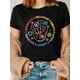 thumbnail image 1 of Women's Peace Sign Graphic T-Shirt with Inclusion Equality Acceptance Symbols - Black Short Sleeve Crew Neck Casual Top, Medium Stretch Spring Summer Tee, Casual Attire, Comfortable Fit, 1 of 6