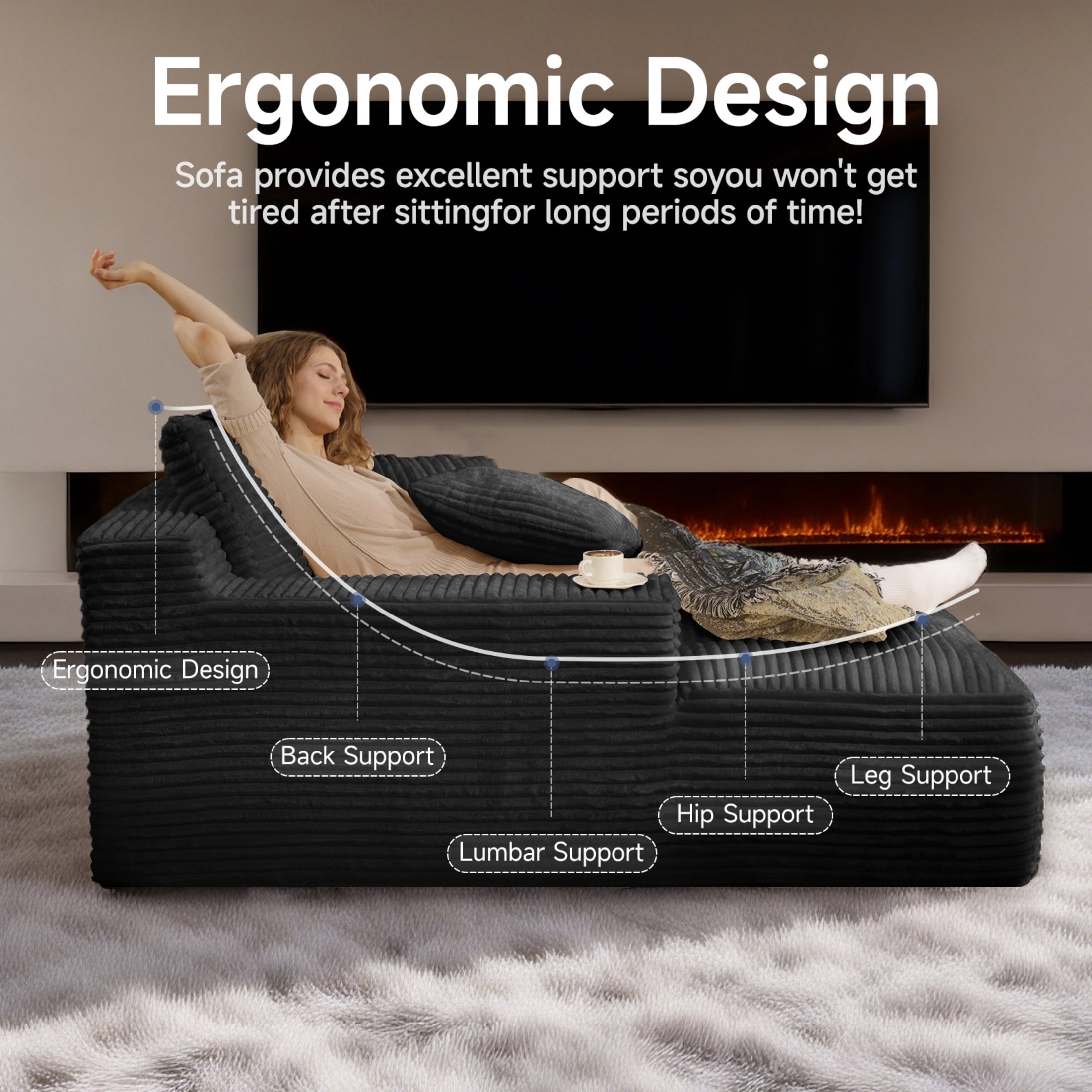 AISWORD 68.5'' Oversized Chaise Lounge Chair Indoor Corduroy Cloud Floor Sofa Bed No Assembly Required Deep Seat Boneless Couch with Pillows, Black