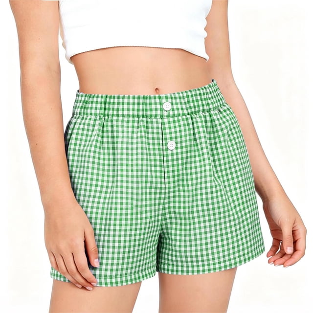 Miluxas Girls Plaid Shorts Kids Elastic Waist Wide Leg Short Pants with Pockets Green 150(150)