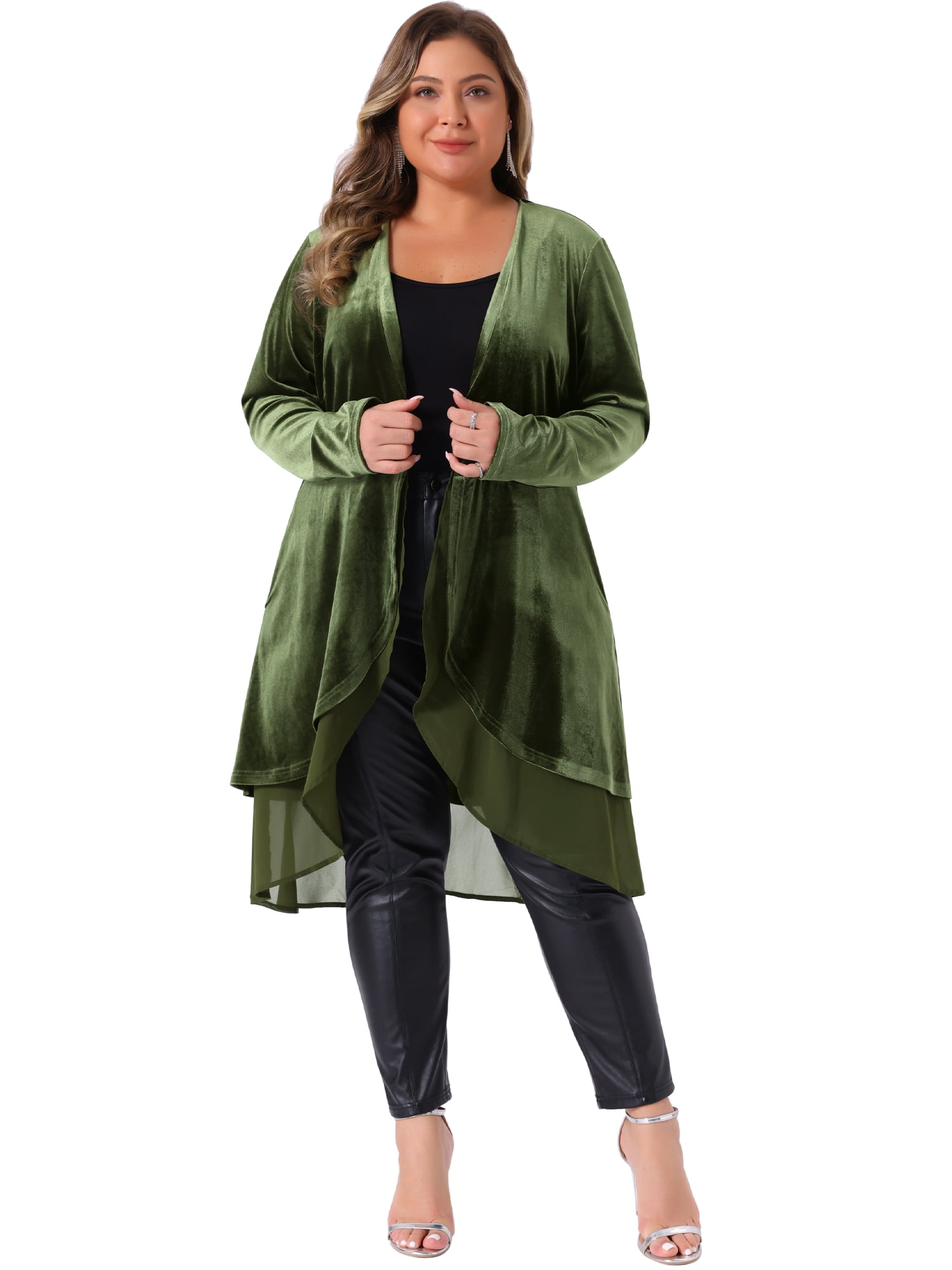 DARING DIVA Women's Plus Size Ruffled Asymmetric Open Front Velvet Jackets 3X Army Green
