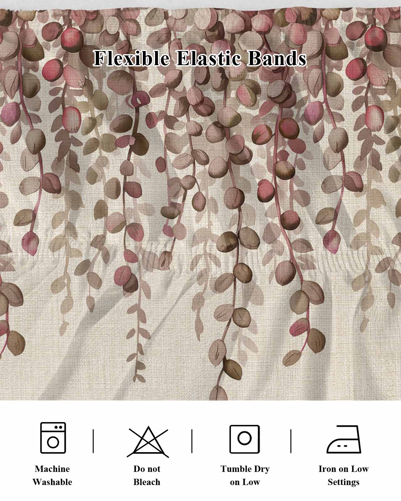 Eucalyptus Leaf Bed Skirt Queen Size 18 Inch Drop, Country Red Leaves Flora Plant Linen Texture Adjustable Elastic Dust Ruffles Bedskirt for Queen Bed Wrap Around Pleated Mattress Frame Cover