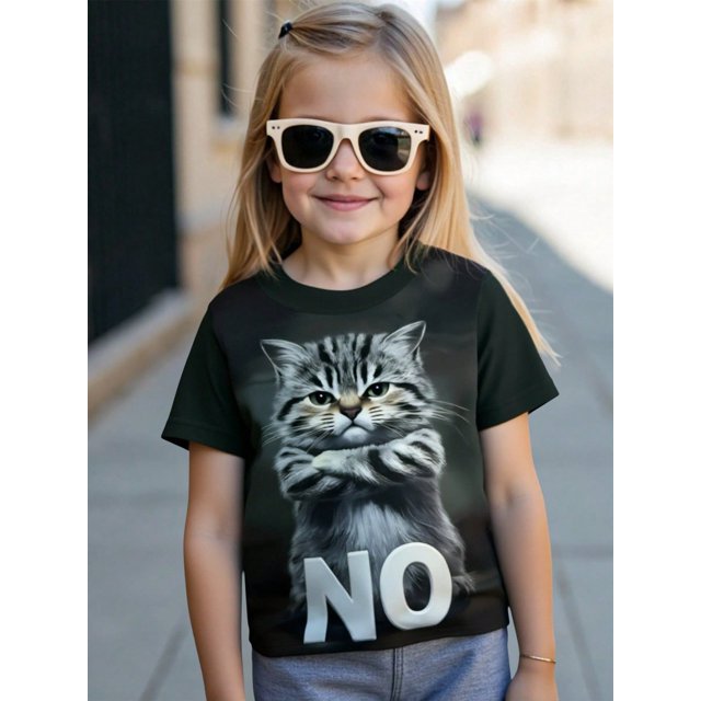 Young Girl Bowknot Print Versatile Cute All-Match Round Neck Short Sleeve T-Shirt, Comfortable Casual Wear