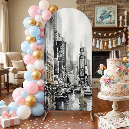 Cityscape Arch Backdrop Covers 7.2 FT Retro Watercolor Black White Street Scene Stretchy Fitted Arched Stand Covers Party Arch Stand Cover Photo Booth for Wedding Birthday Decor