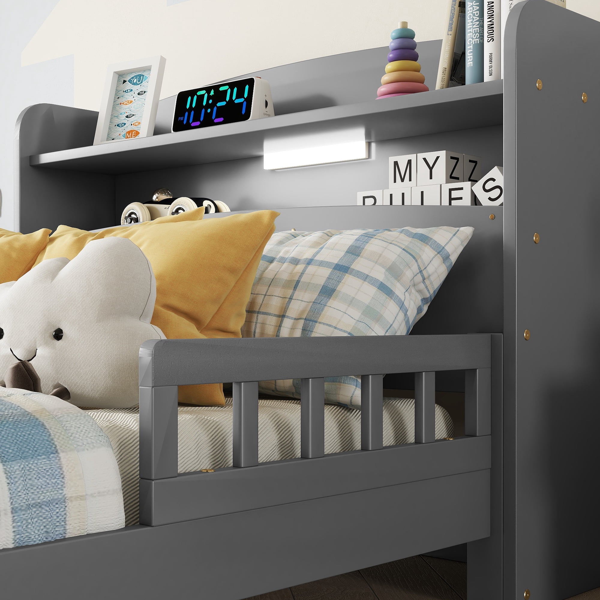 Leumius Twin Pine Wood Bed with Bookcase Headboard, LED Motion Sensor Light, Guardrails for Boys Girls Grey